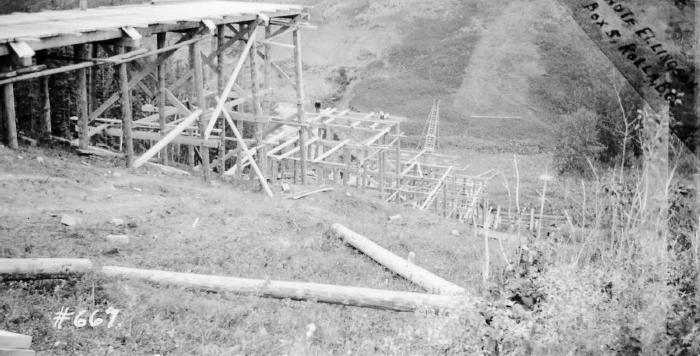 High Level Bridge, Under construction,  
Two miles north of Pouce Coupe over the Dawson Creek, 
Summer 1933 