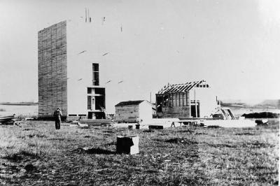 Grain Elevator Under construction, in the new town closer to the rail head.  
Dawson Creek, B.C. 
December 1930 
