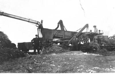 Charles Anderson, Per (Pal) Johnson and Axel Johnson, threshing crew, Pouce Coupe, BC 
1920