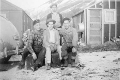 4 unidentified British men, Section B, Base Camp, Commotion Creek, Hart Highway, B.C. April 1946