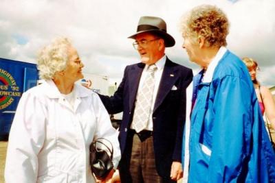 Opening Day Pioneer Village, unknown lady, Day Roberts and unknown lady. 
Dawson Creek, BC
May 30, 1992